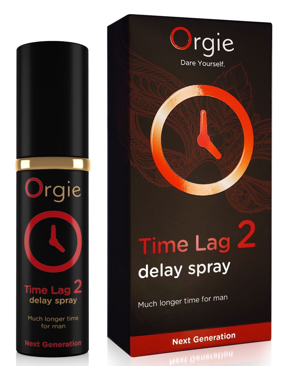 Schwarze Flasche und Verpackung. Produktname und Logo. Roter Kreis mit Uhr. Text: Time Lag 2 delay spray. Viel längere Zeit für den Mann.