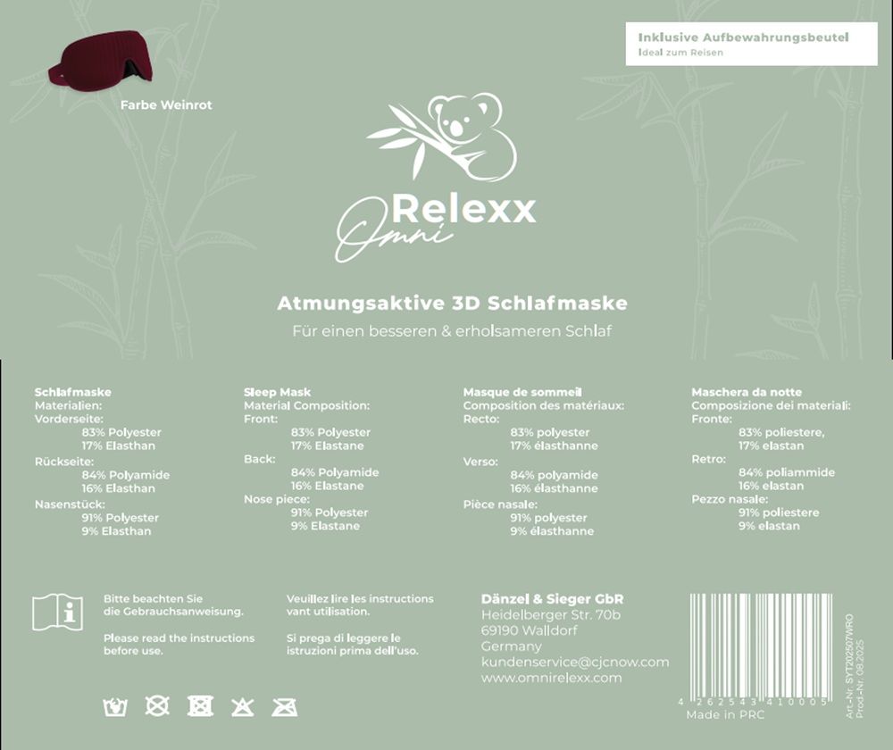 Rückseite der Verpackung. Produktname: Atmungsaktive 3D Schlafmaske. Materialzusammensetzung. Herstellerinformationen.