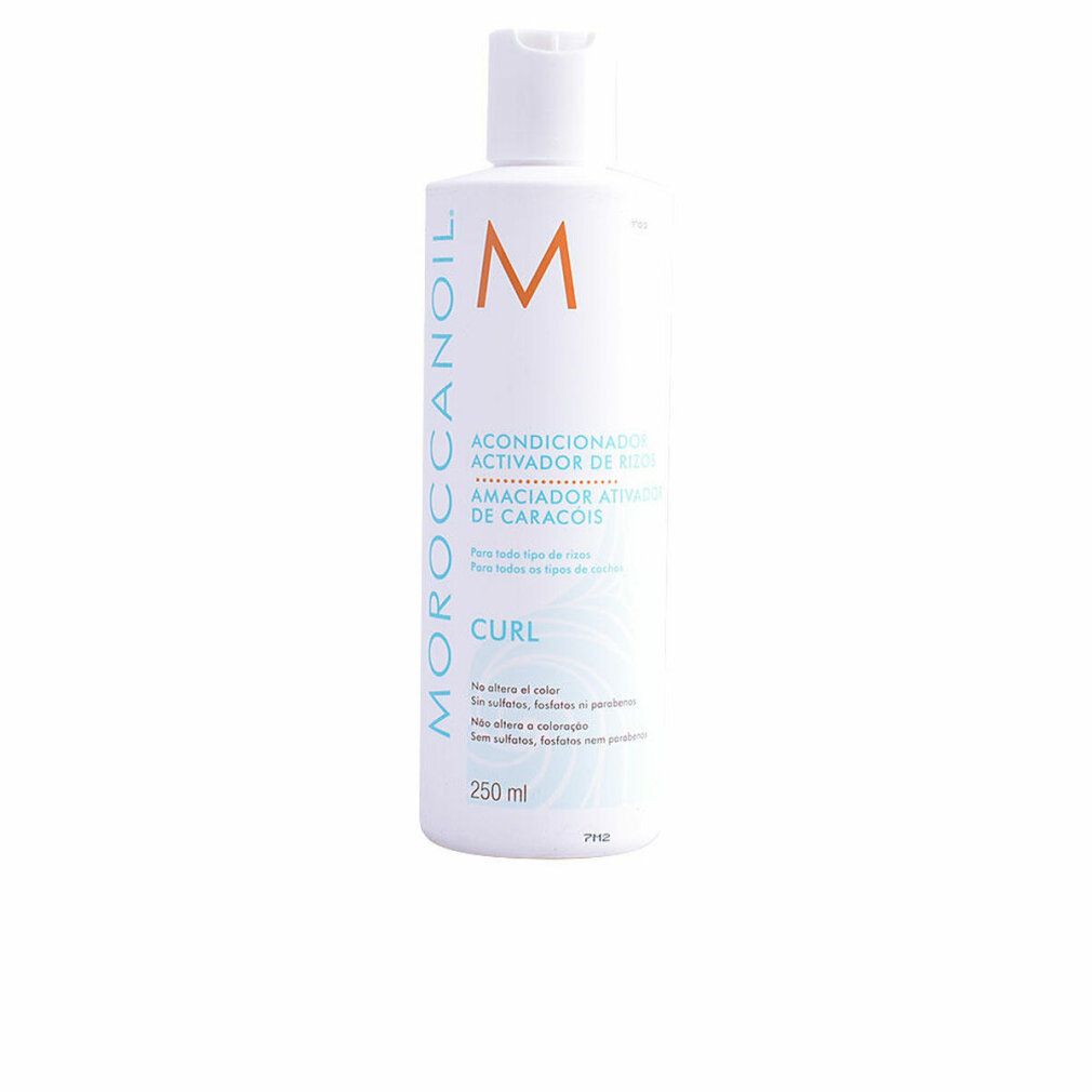 Weiße Flasche mit blauem Etikett. Text: Moroccanoil, Acondicionador Activador de Rizos, Curl. 250 ml.