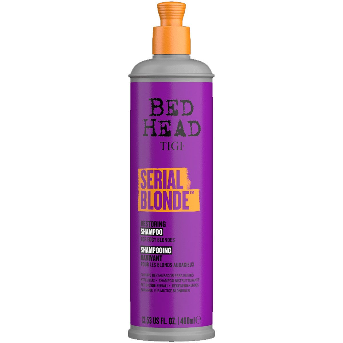 TIGI Bed Head Serial Blonde Flasche mit Pumpspender. Lila Flasche mit silbernem Hals und orangefarbenem Pumpaufsatz.