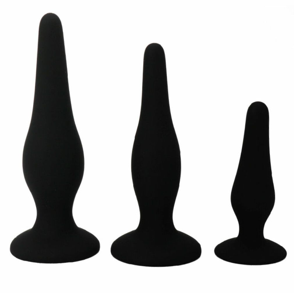 Drei schwarze Silikon-Butt-Plugs in verschiedenen Größen. Konische Form mit breiter Basis.