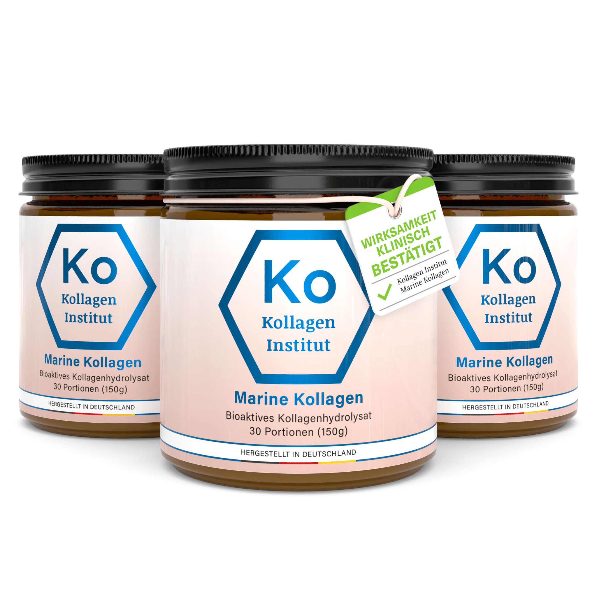 Drei Gläser Marine Kollagen Pulver. Schwarzer Deckel, weißes Etikett mit blauem Logo. Aufschrift: Kollagen Institut.