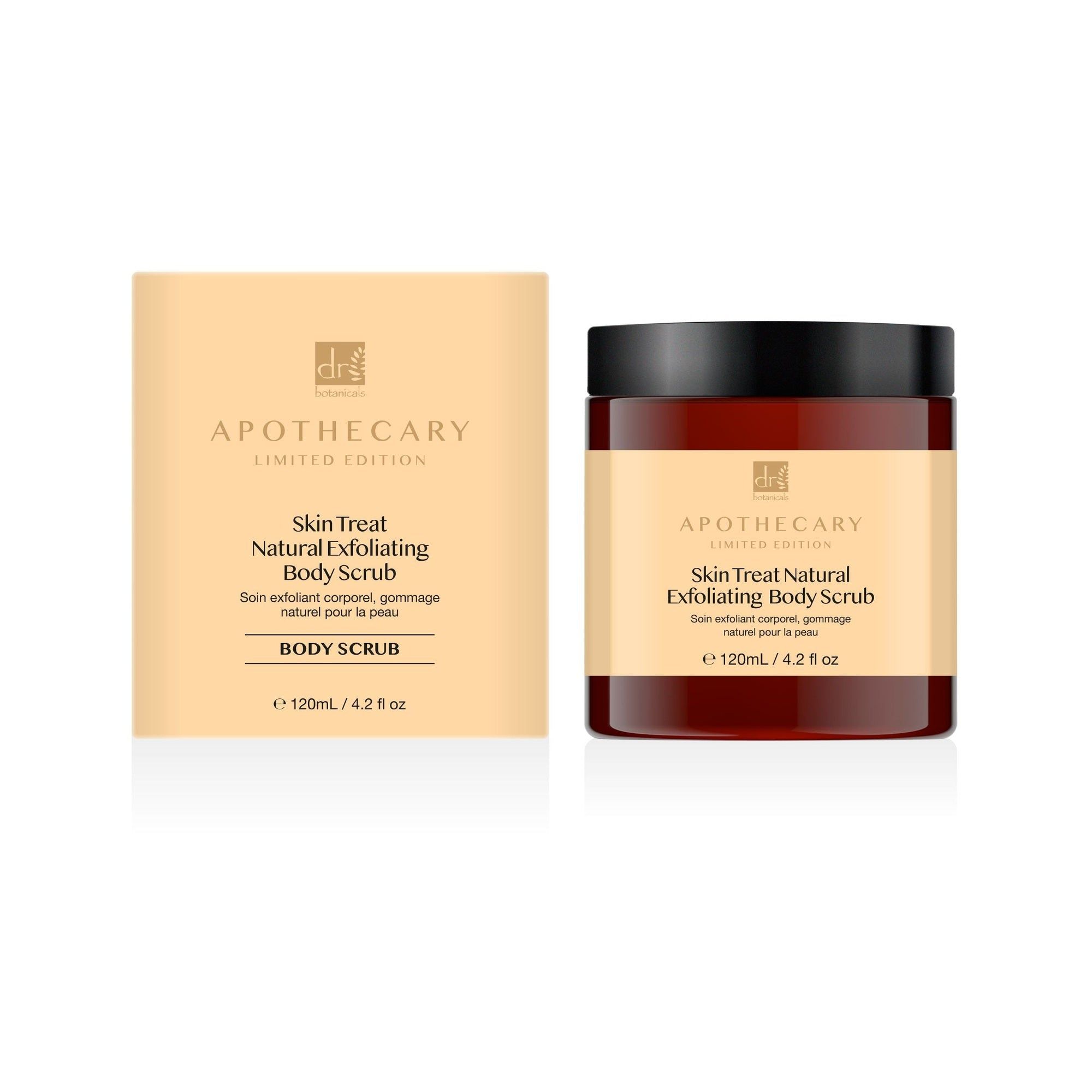 Produktverpackung und Dose. Dose mit schwarzem Deckel und Etikett. Verpackung mit Produktnamen. Apothecary Limited Edition. 120ml/4.2 fl oz.