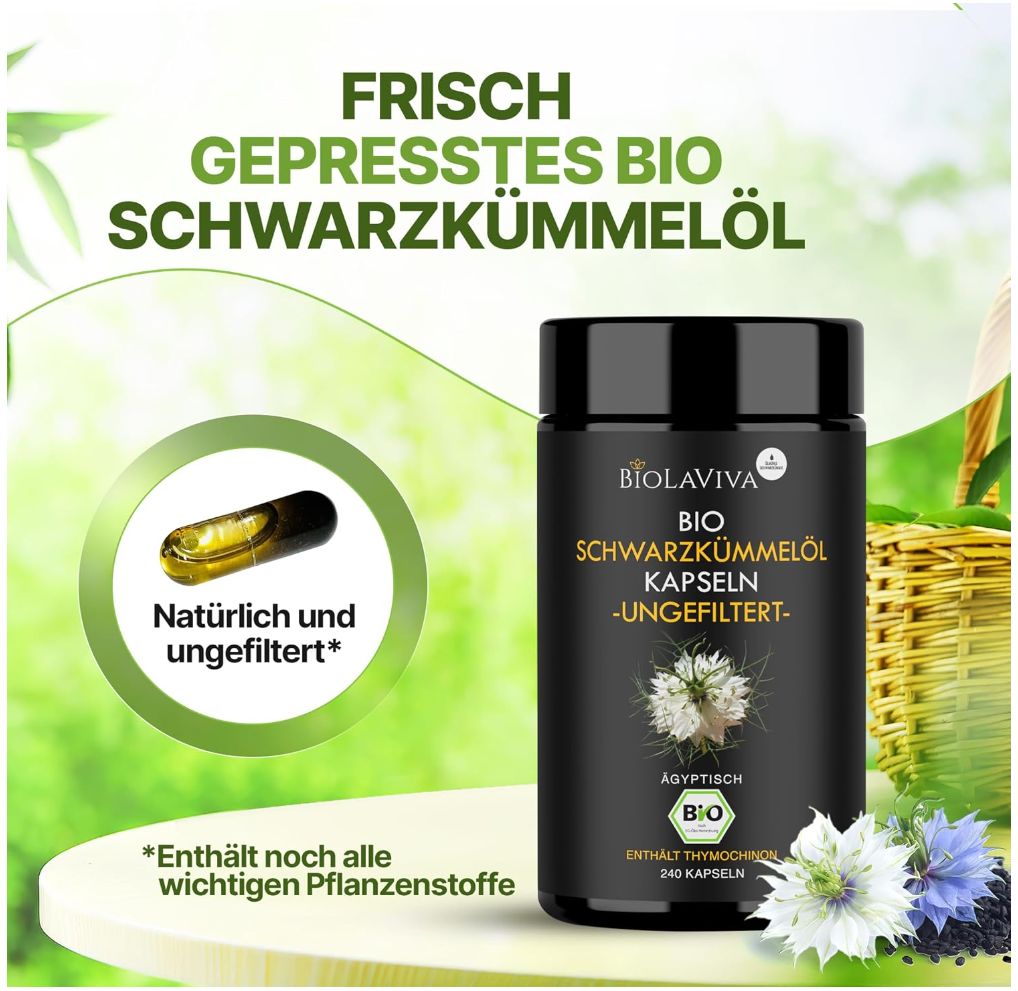 Schwarze Dose mit Kapseln. Text: BIOLAVIVA BIO Schwarzkümmelöl Kapseln. Blüten und Kapsel.