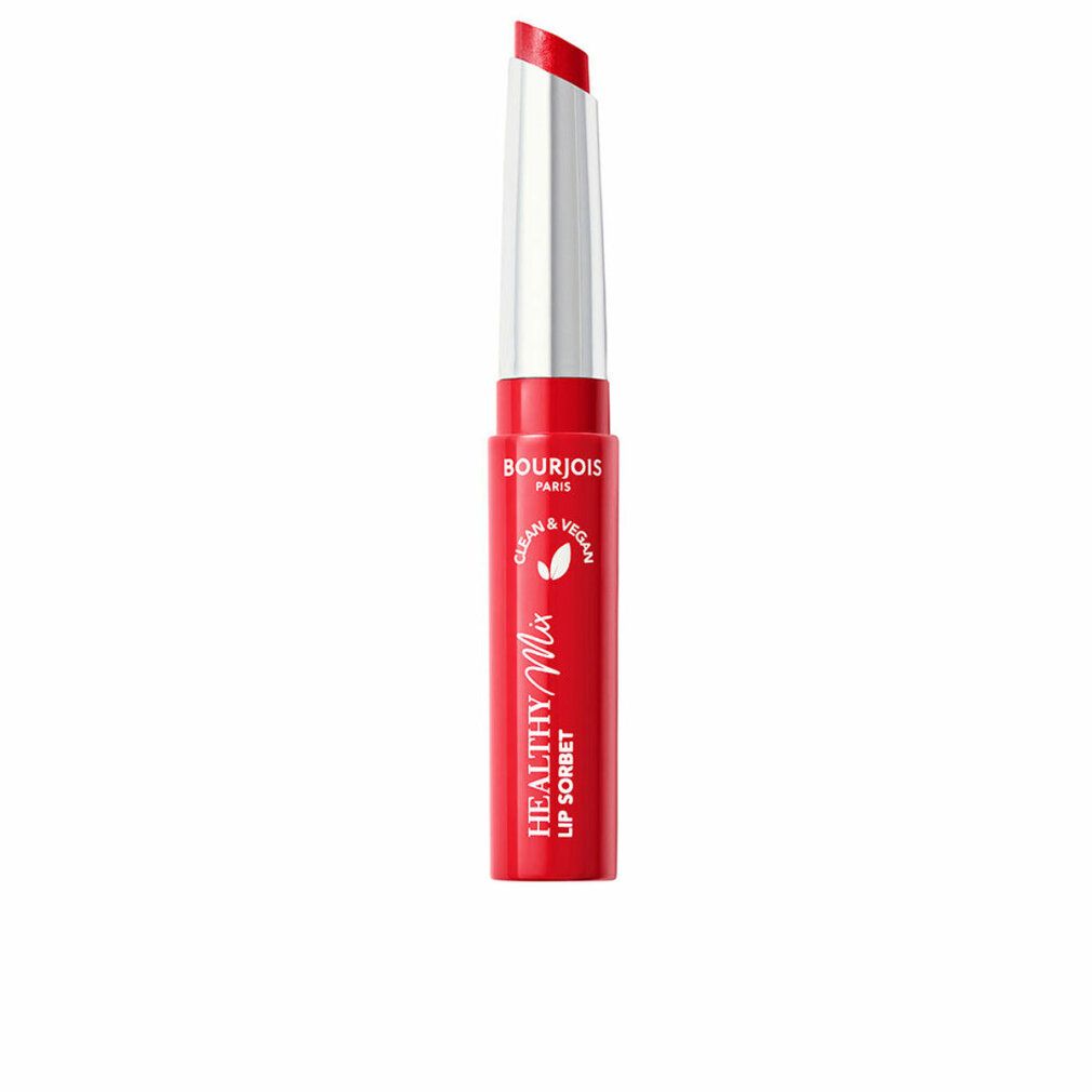 Roter Lippenstift mit silberner Kappe. Aufschrift Healthy Mix Lip Sorbet, Clean & Vegan.