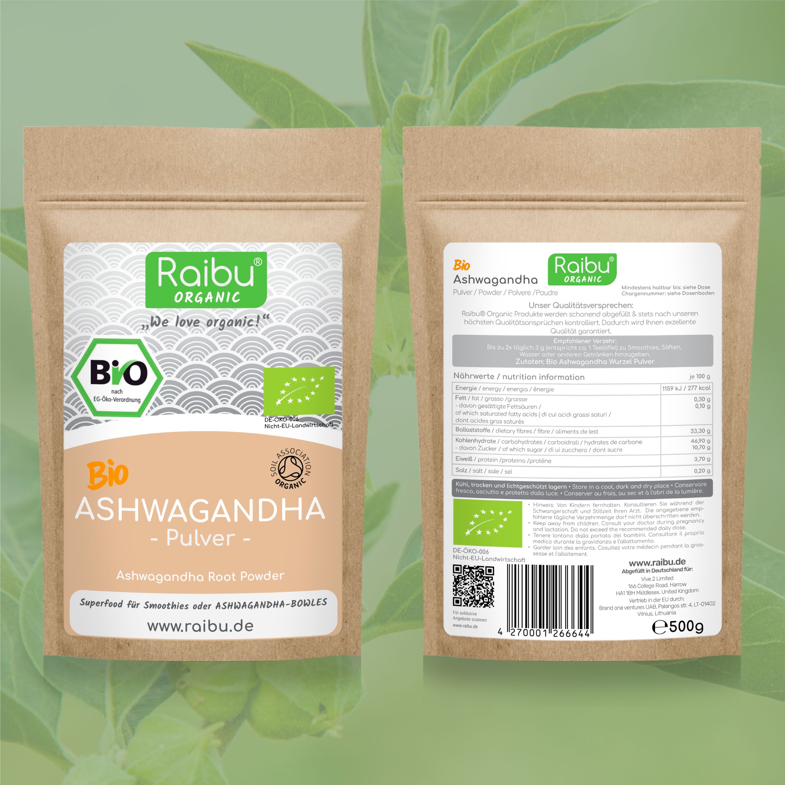Zwei Beutel Ashwagandha-Pulver. BIO-Siegel, Text: BIO Ashwagandha Pulver. Marke: Raibu Organic. Rückseite mit Nährwertangaben und EU-Bio-Siegel.