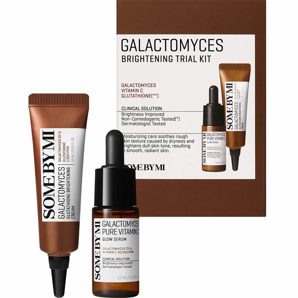 Set mit Creme, Serum und Ampulle. Braune Verpackung mit weißer Schrift. Marke: SOME BY MI. Text: Galactomyces Brightening Trial Kit.