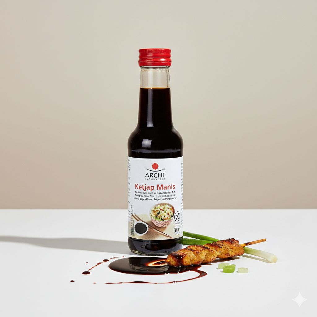 Flasche Arche Ketjap Manis mit einem Hähnchenspieß und Frühlingszwiebeln.
