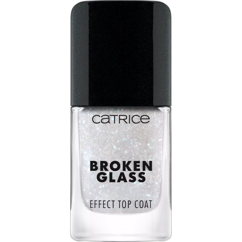 Nagellackflasche mit schwarzem Deckel. Aufschrift: Catrice, Broken Glass, Effect Top Coat. Klare Flüssigkeit mit Glitzer.