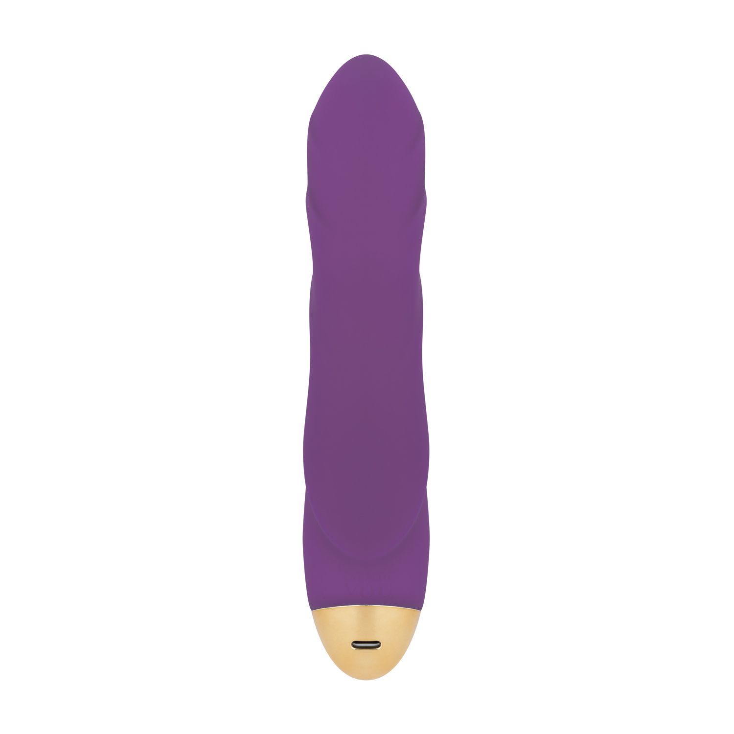 Gerader lila Vibrator mit geriffelter Oberfläche und goldener Basis.
