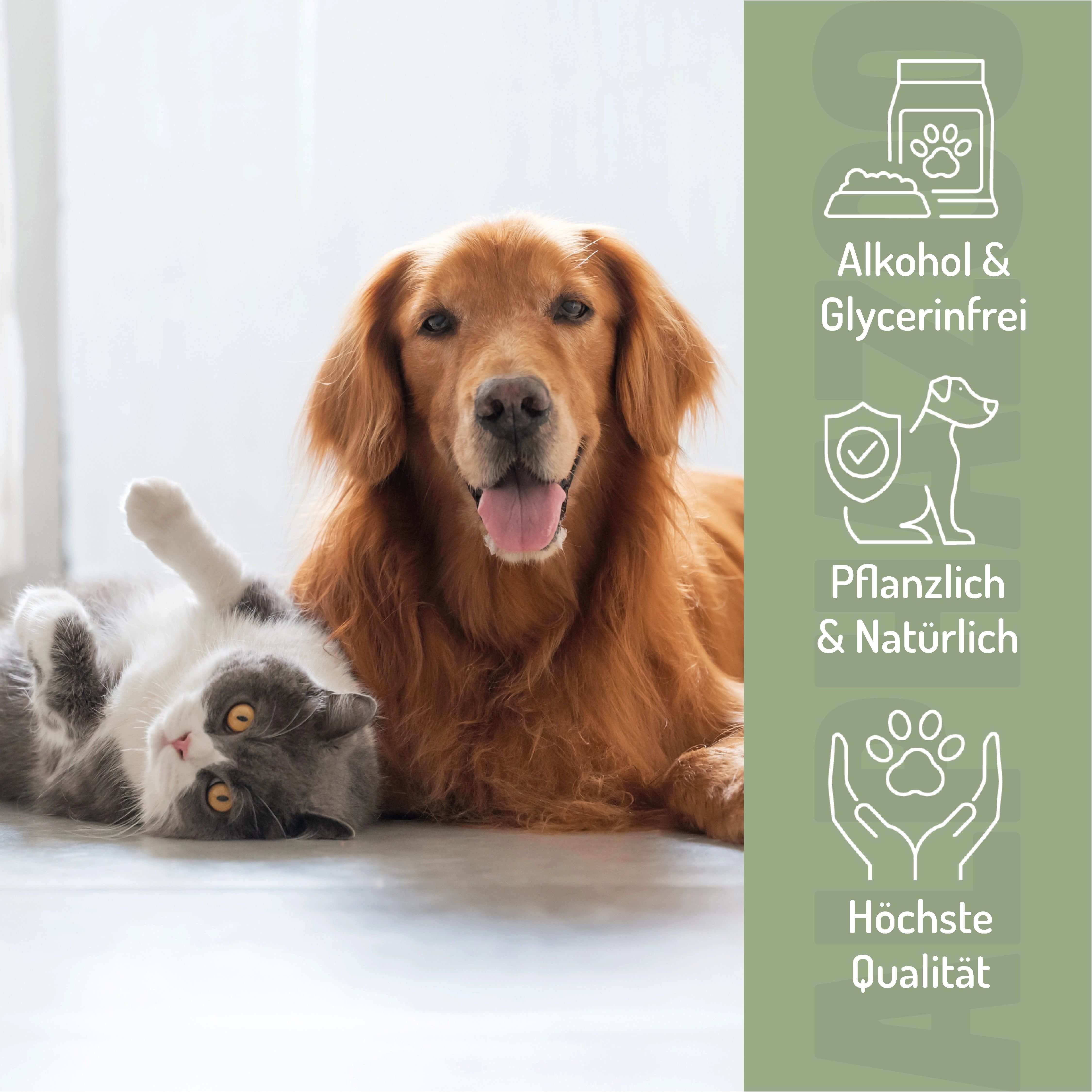 Goldener Retriever und Katze. Text: Alkohol- & Glycerinfrei. Pflanzlich & Natürlich. Höchste Qualität.