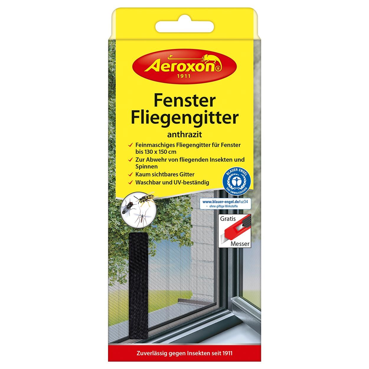 Aeroxon Fenster-Fliegengitter, anthrazit. Feinmaschiges Gitter für Fenster bis 130 x 150 cm. Insektenabwehr. Waschbar und UV-beständig. Mit Messer.