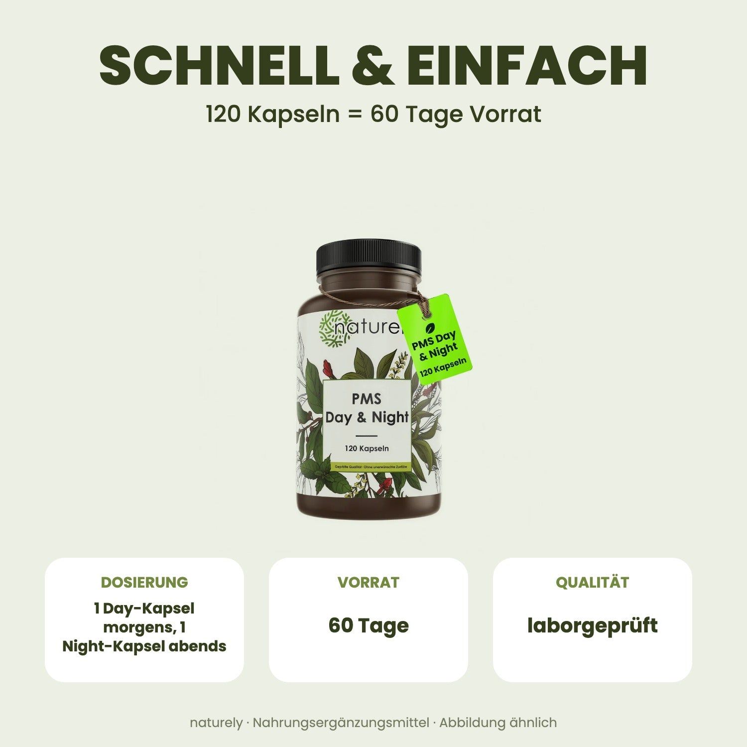 Flasche mit 120 Kapseln 'PMS Day & Night'. Beschriftung zeigt '60 Tage Vorrat' und 'Laborgeprüft'.