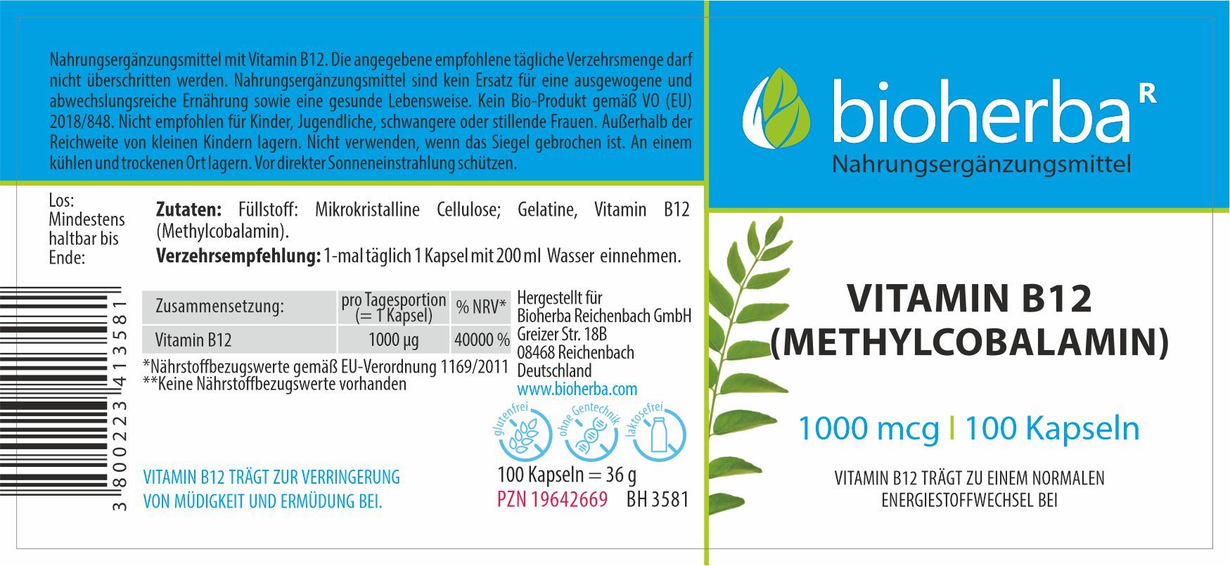 Etikett mit Produktinformationen. Enthält Angaben zu Inhaltsstoffen, Dosierung und Hersteller. Marke: Bioherba Vitamin B12 (Methylcobalamin) Kapseln.