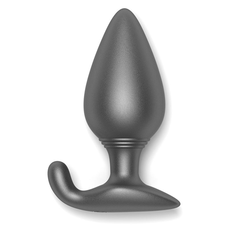 Grauer Analplug mit tropfenförmigem Kopf und gebogenem Griff. Glatte Oberfläche.