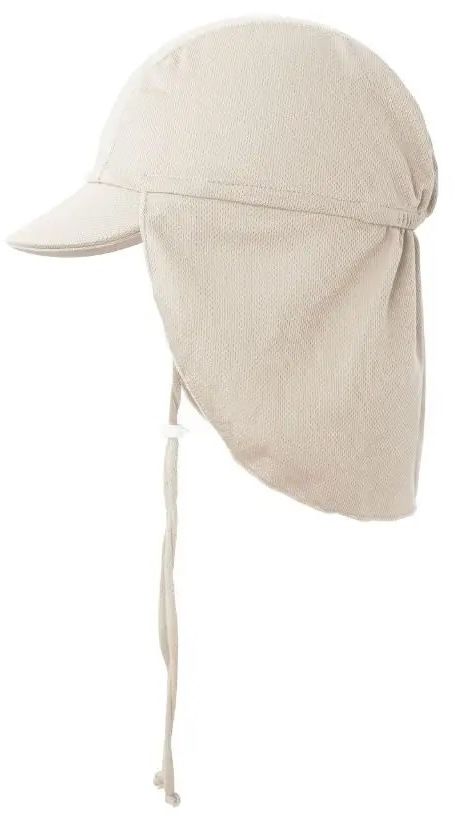 Beigefarbener Hut mit Nackenschutz und Schirm. Kordel zum Festziehen. Stoffstruktur sichtbar.