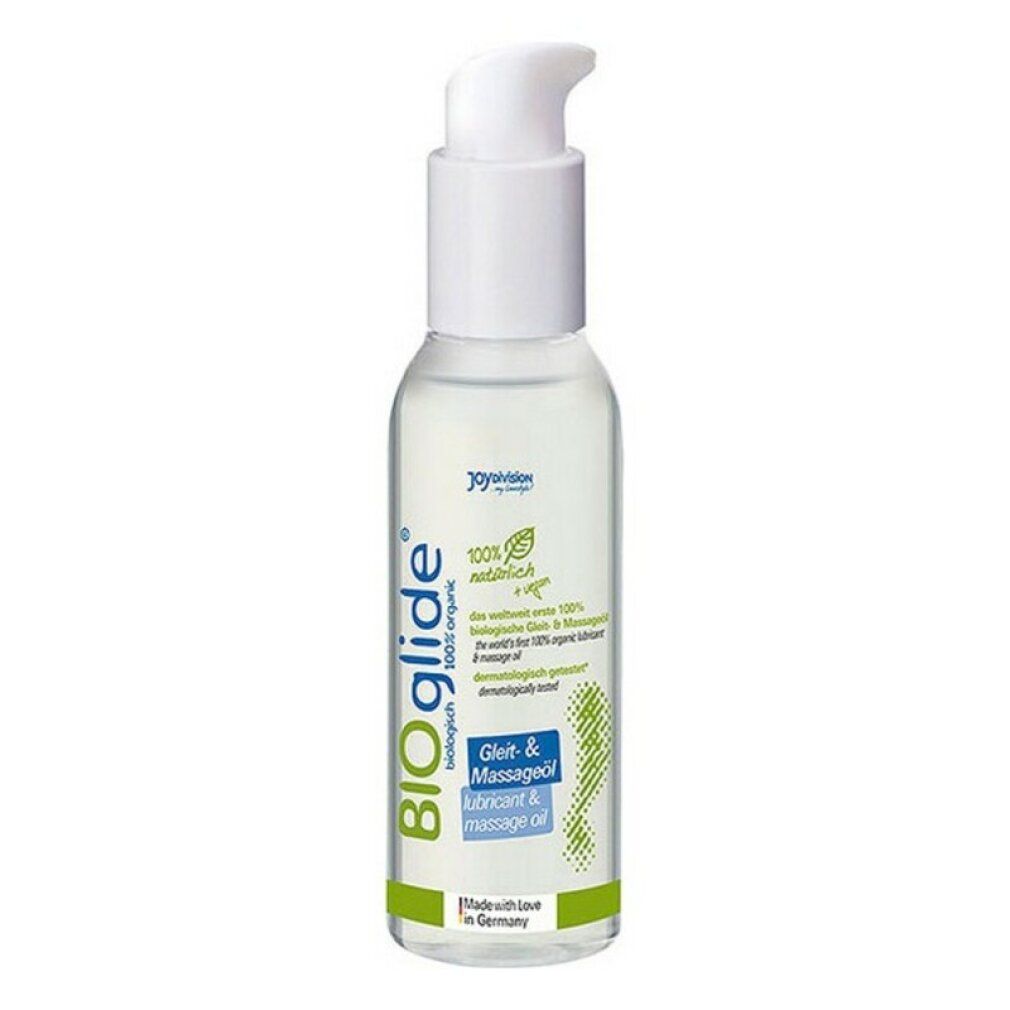 Flasche mit weißem Pumpkopf. Aufschrift BIOglide, Gleit- & Massageöl. 100% natürlich. Made in Germany.