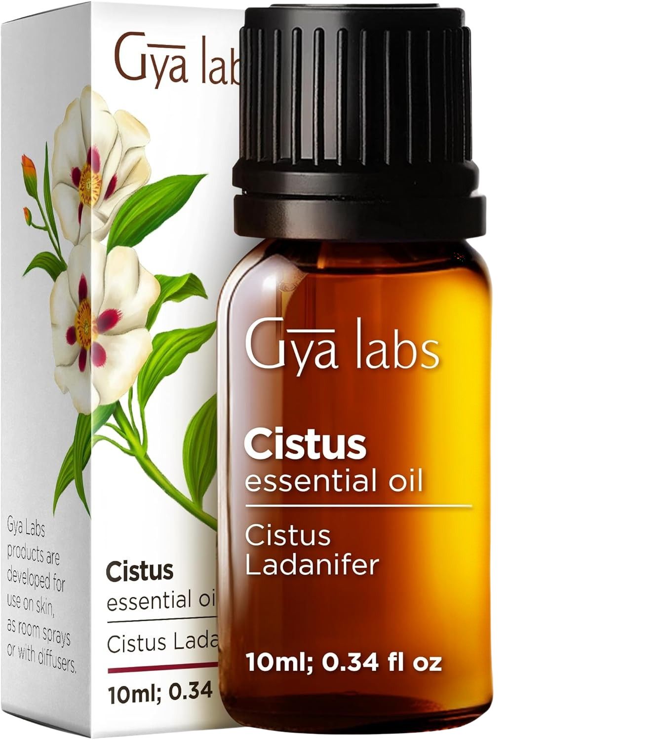 Gya Labs Cistus Öl Flasche und Verpackung. Text: "Cistus essential oil". 10ml; 0.34 fl oz.
