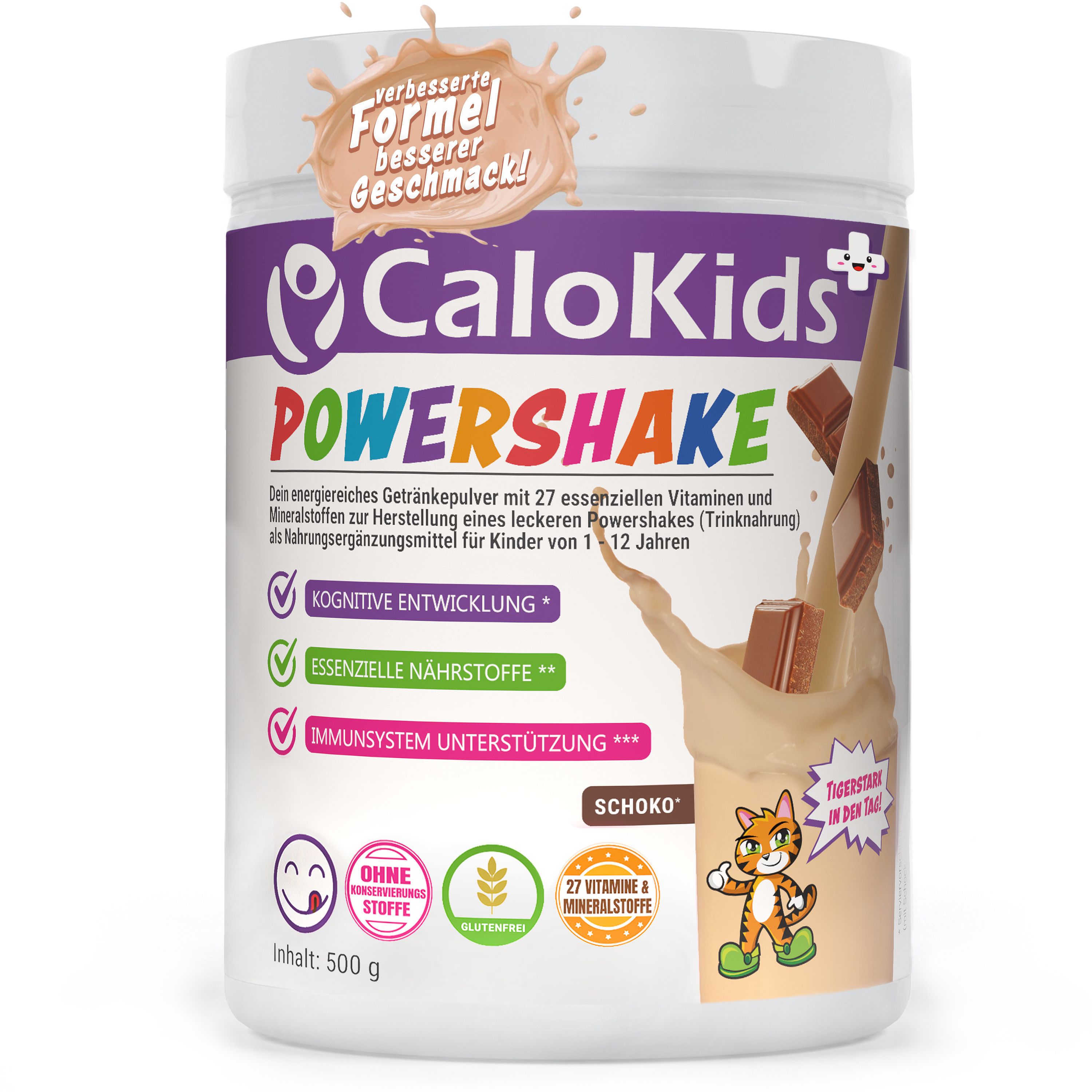 CaloKids PowerShake. Dose mit Schoko-Geschmack. Text: Energiereiches Getränkepulver mit 27 essentiellen Vitaminen und Mineralstoffen. Kognitive Entwicklung.