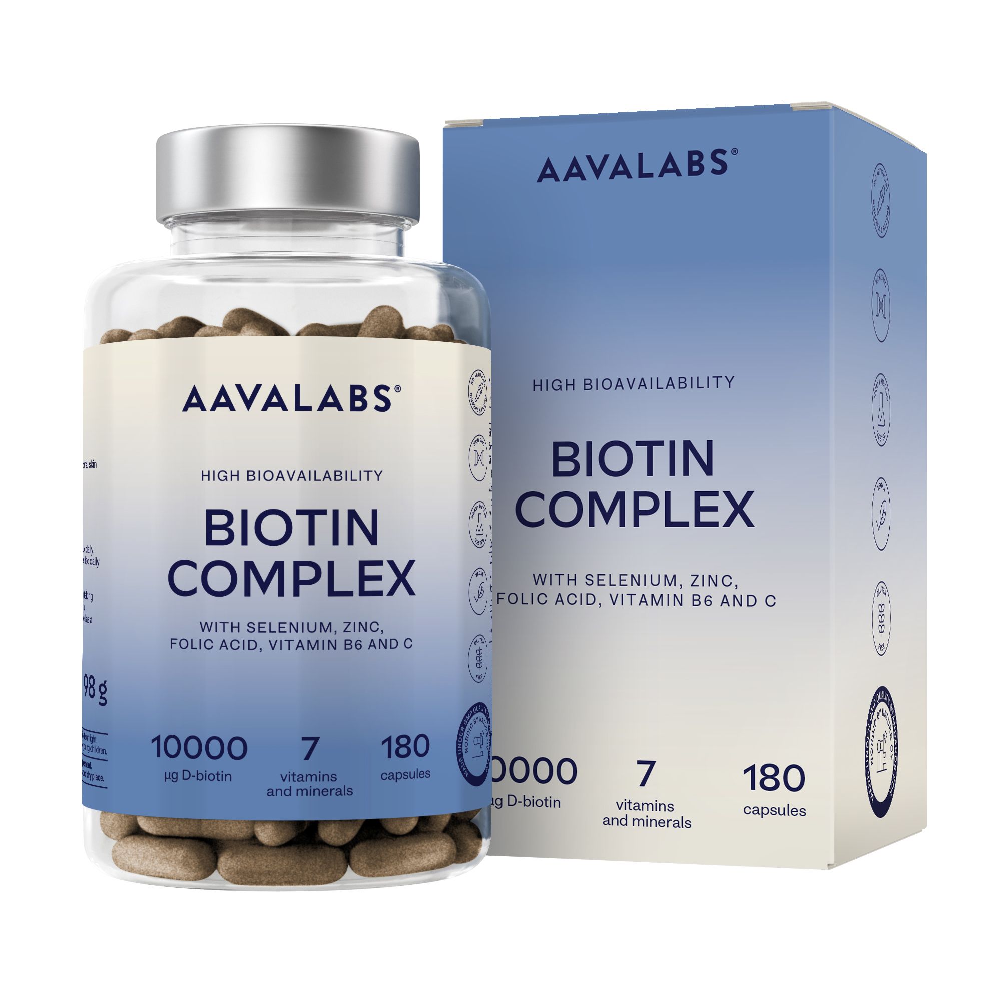 Aavalabs Biotin Komplex Flasche neben der Produktverpackung.