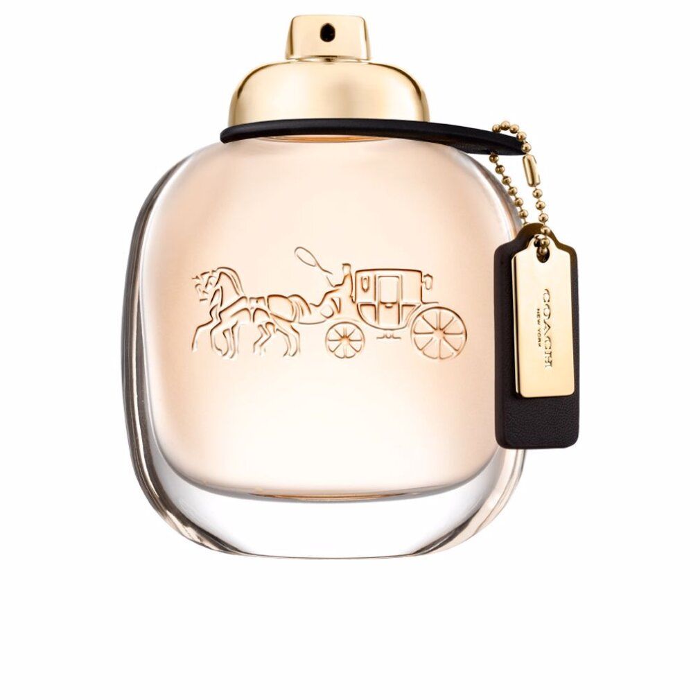 Coach New York Eau de Parfum Flakon mit goldfarbenem Verschluss und Anhänger. Das Coach Pferdekutschen-Logo ist eingeprägt.