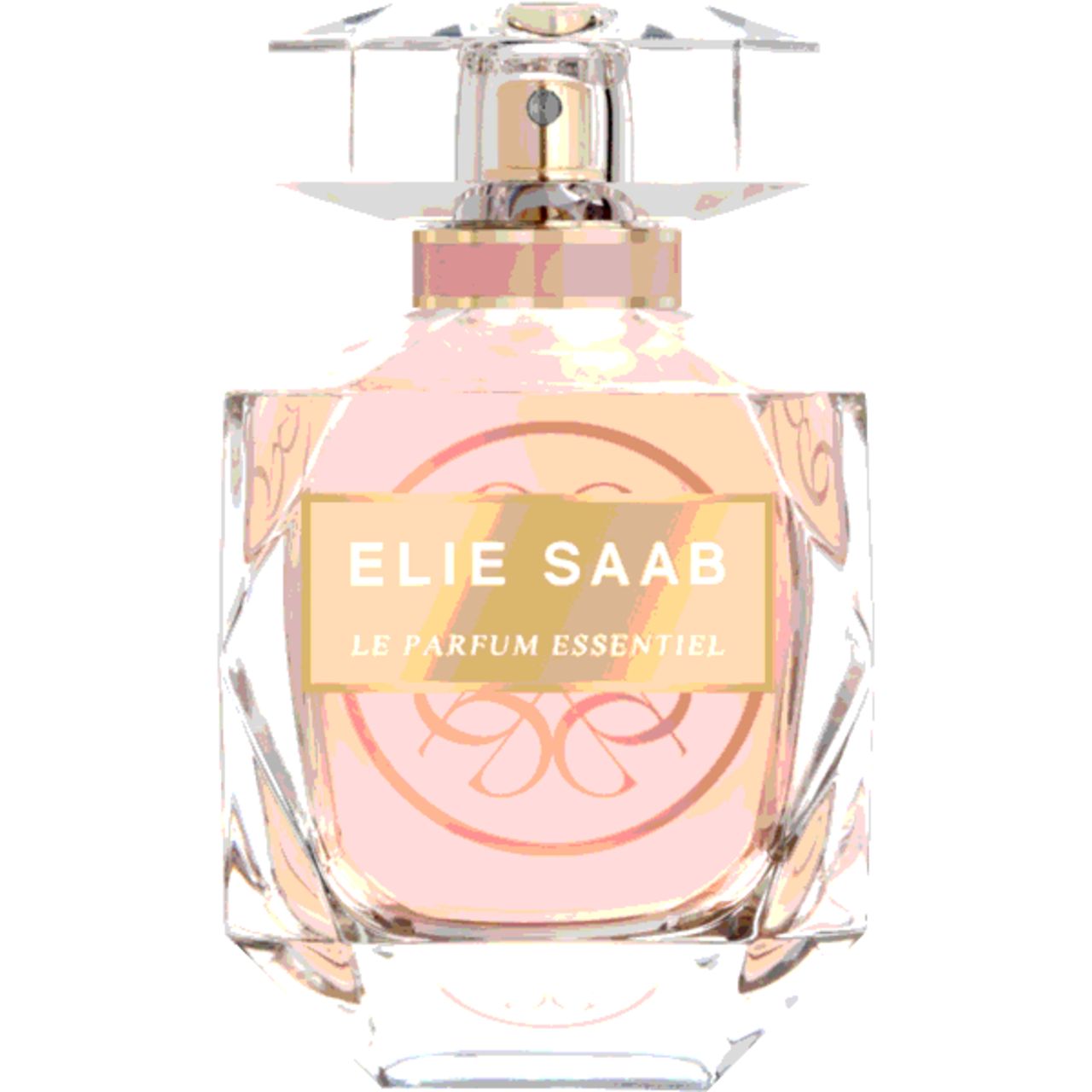 Parfumflasche. Aufschrift: Elie Saab, Le Parfum Essentiel. Transparente Flasche mit Kristallverschluss und rosafarbenem Inhalt.