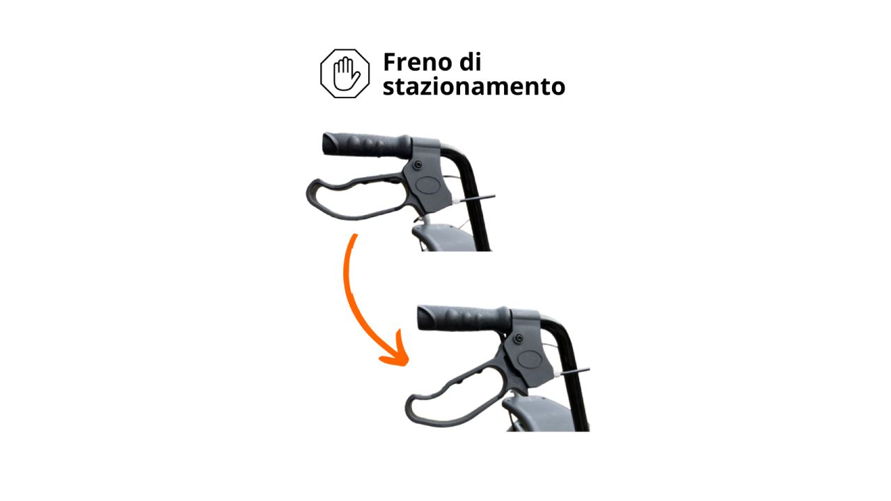 Nahaufnahme der Bremsen eines Rollators. Schwarze Griffe mit Bremshebeln. Hand-Symbol für Feststellbremse.