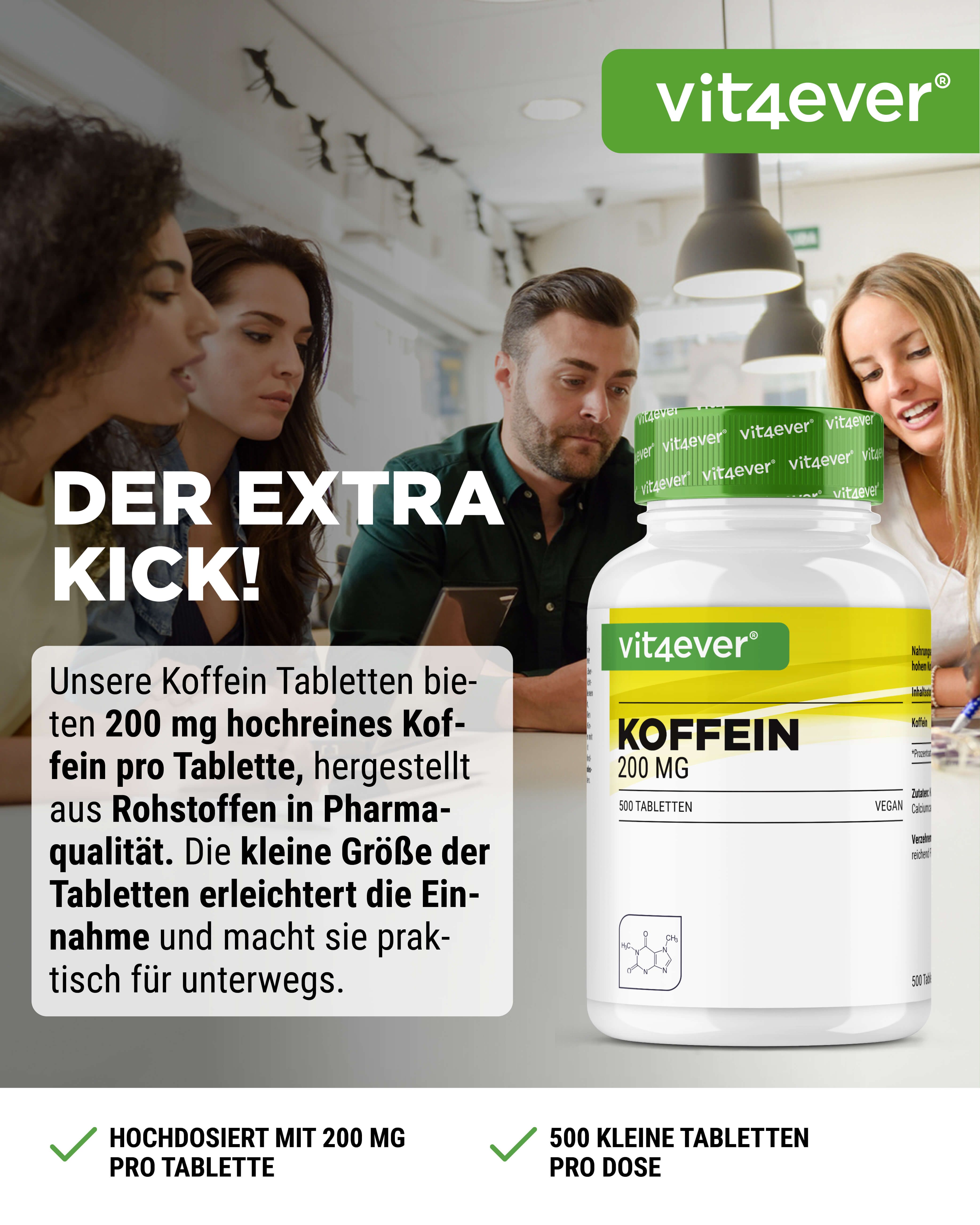Werbebild mit Flasche Koffein 200 MG. Personen im Hintergrund. Text: Der Extra Kick! Hochdosiert mit 200 mg pro Tablette.