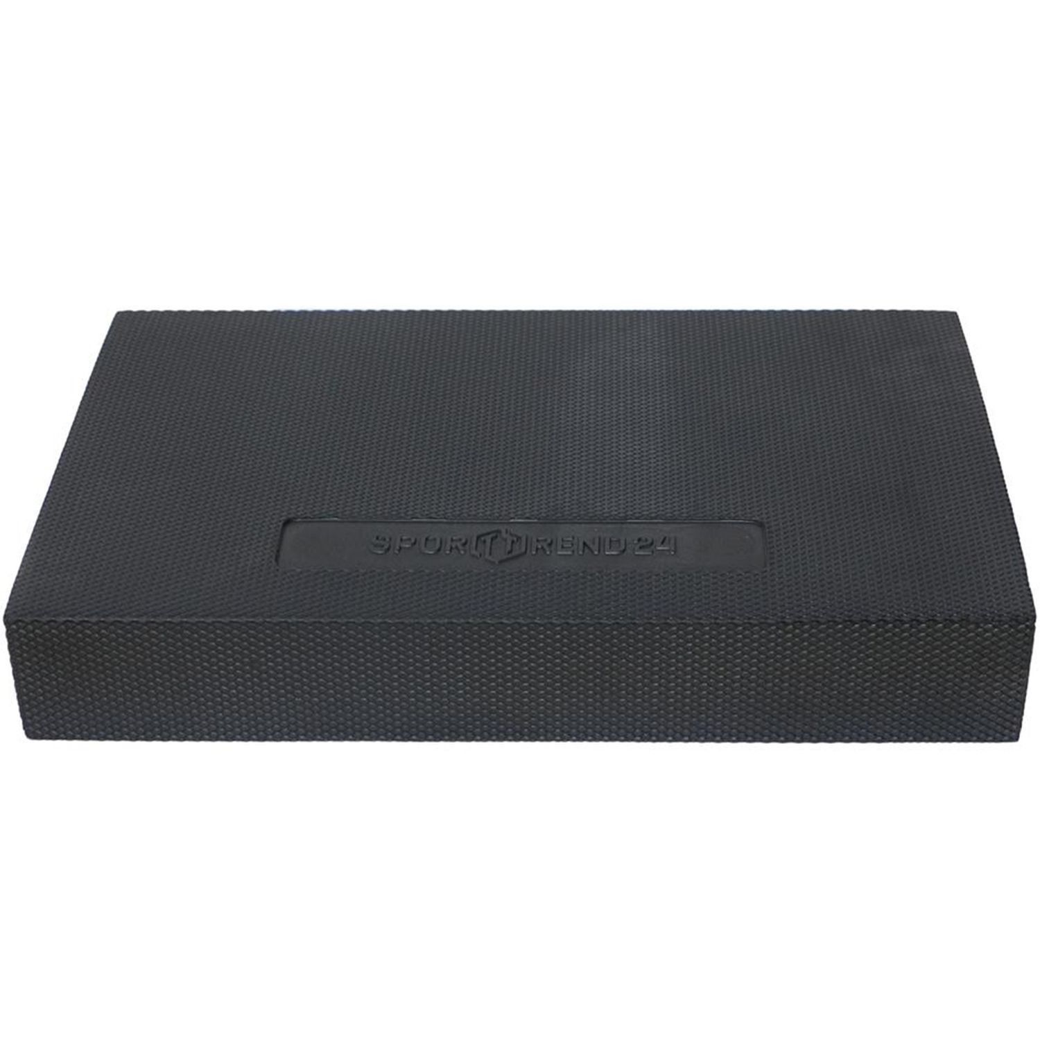 Schwarzes Balance Pad mit geprägtem Schriftzug Sporttrend24. Rechteckige Form mit strukturierter Oberfläche.