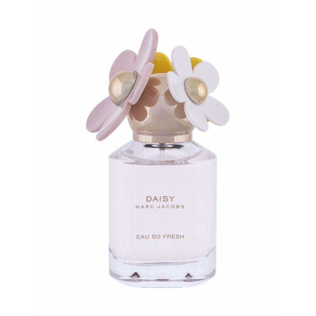 Parfümflakon mit rosa und weißen Blüten auf dem Deckel. Aufschrift: Daisy Marc Jacobs Eau So Fresh.