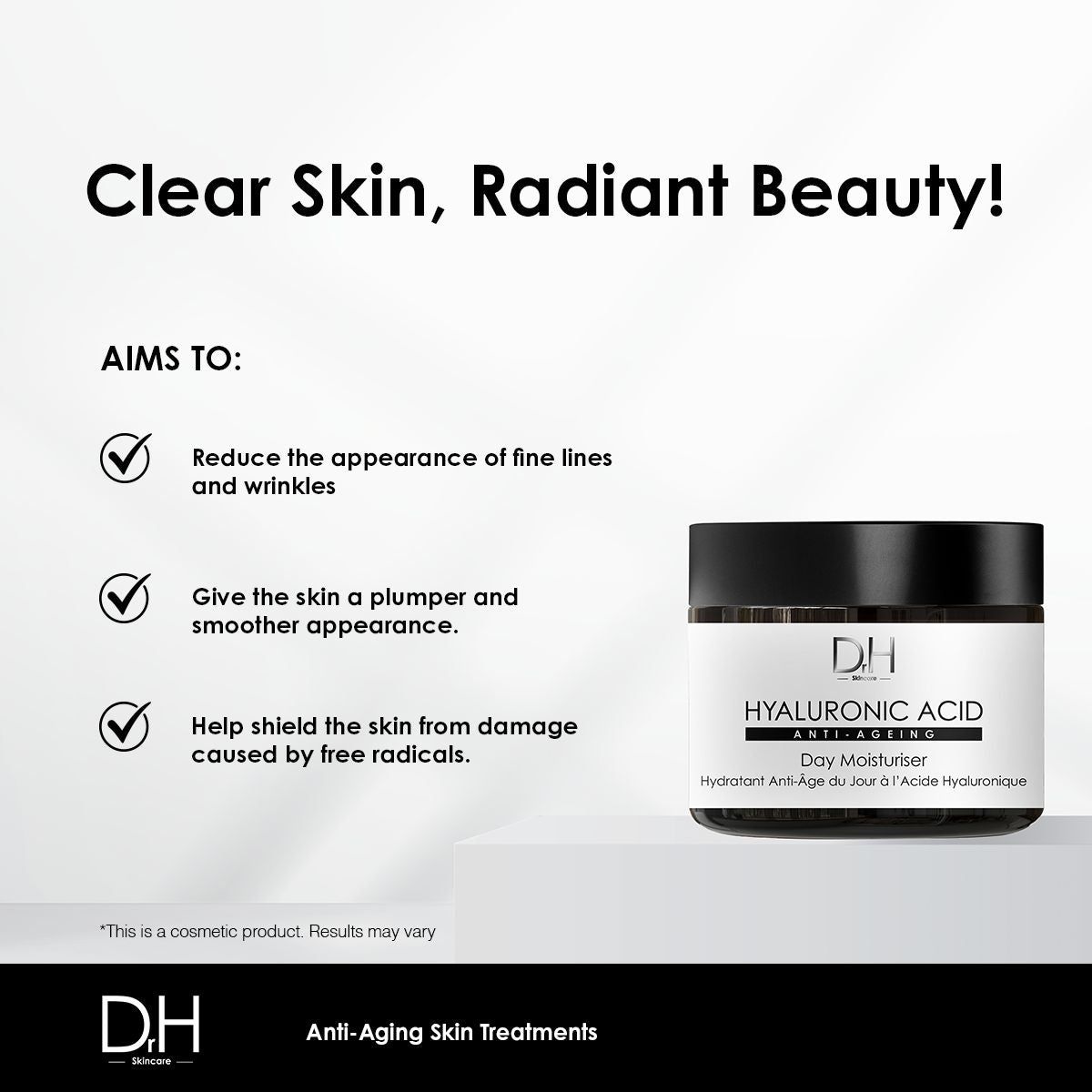 Creme-Tiegel mit Zielen. Aufschrift: Hyaluronsäure Anti-Aging Day Moisturiser. Ziele: Reduzierung von Falten, glattere Haut, Schutz vor Schäden.