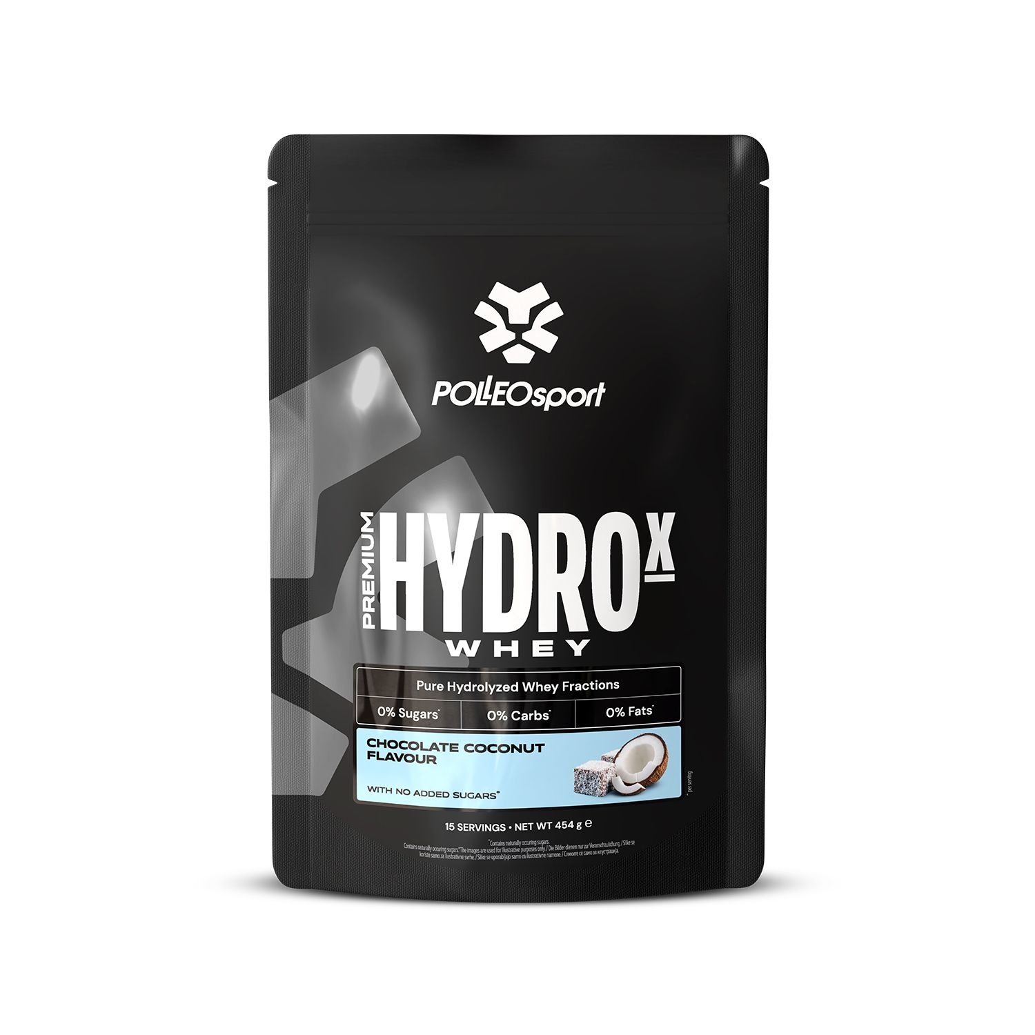 Schwarze Tüte mit "HYDROX Whey". Kokosnuss- und Schokoladen-Abbildung. "0% Zucker", "0% Carbs" und "0% Fett" sind sichtbar.
