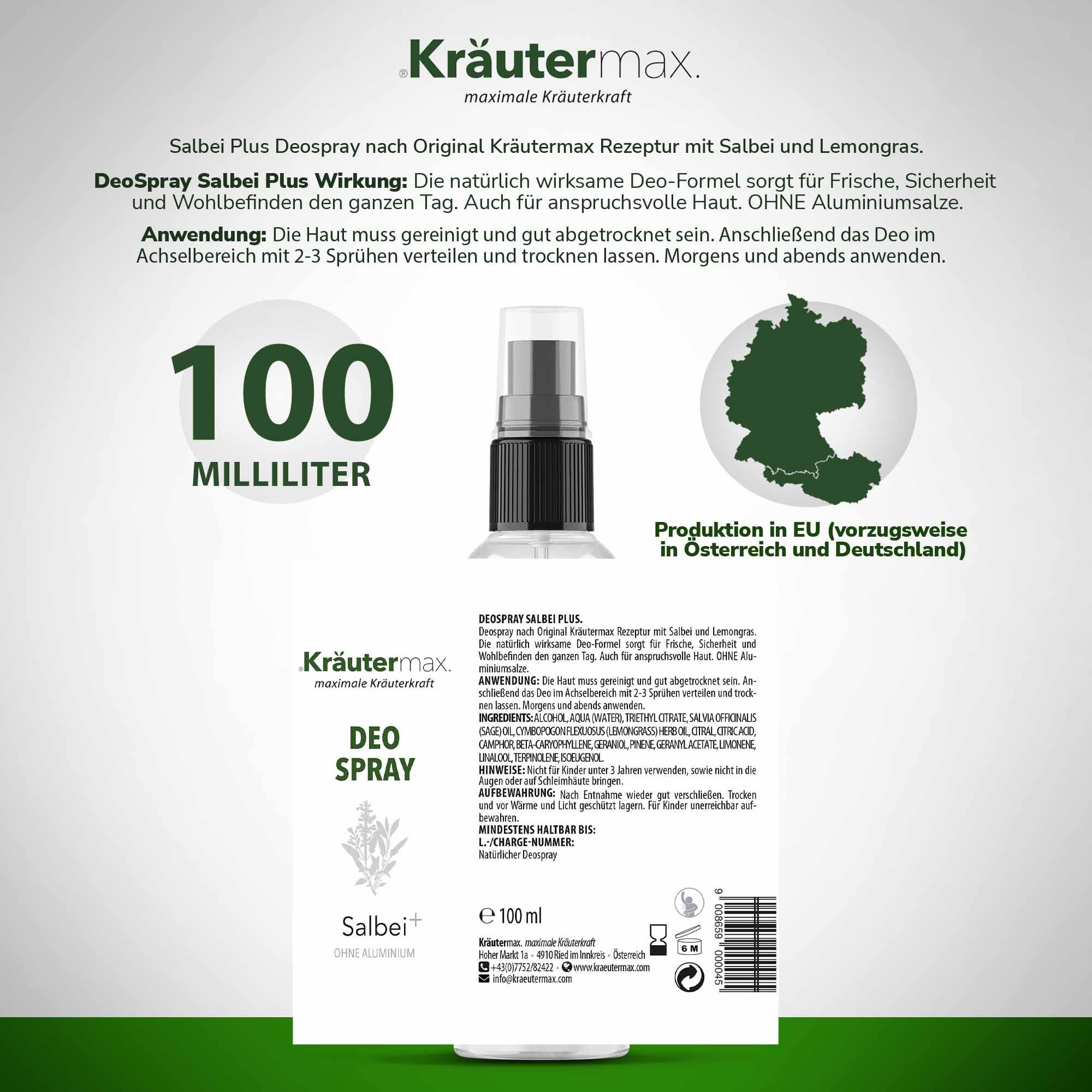 Rückseite der Deospray-Flasche. Text: Kräutermax, Deo Spray, Salbei+. 100 Milliliter. Produktionshinweis EU.