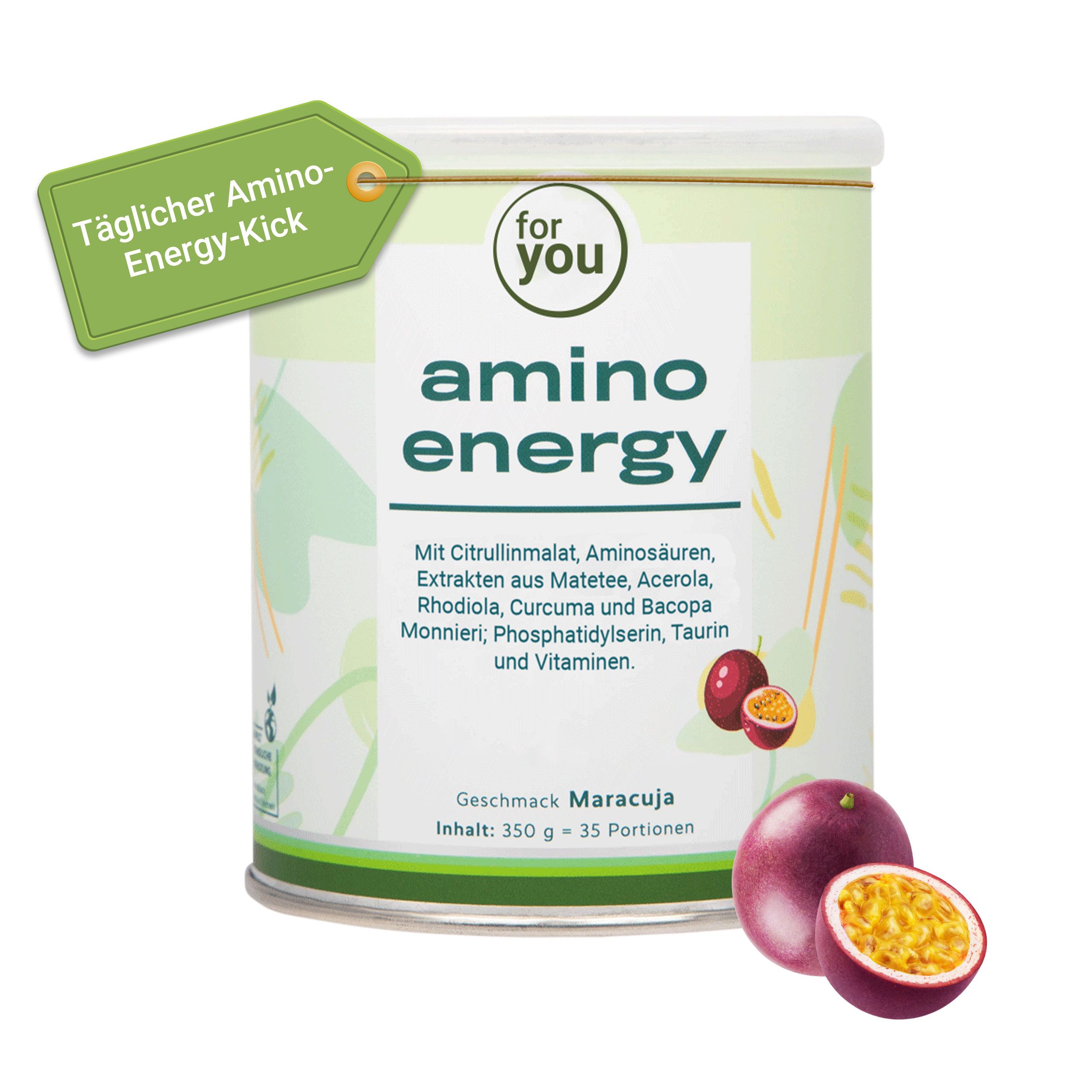 Dose "for you amino energy" mit Passionsfrüchten. Grünem Anhänger mit Text "Täglicher Amino-Energy-Kick".