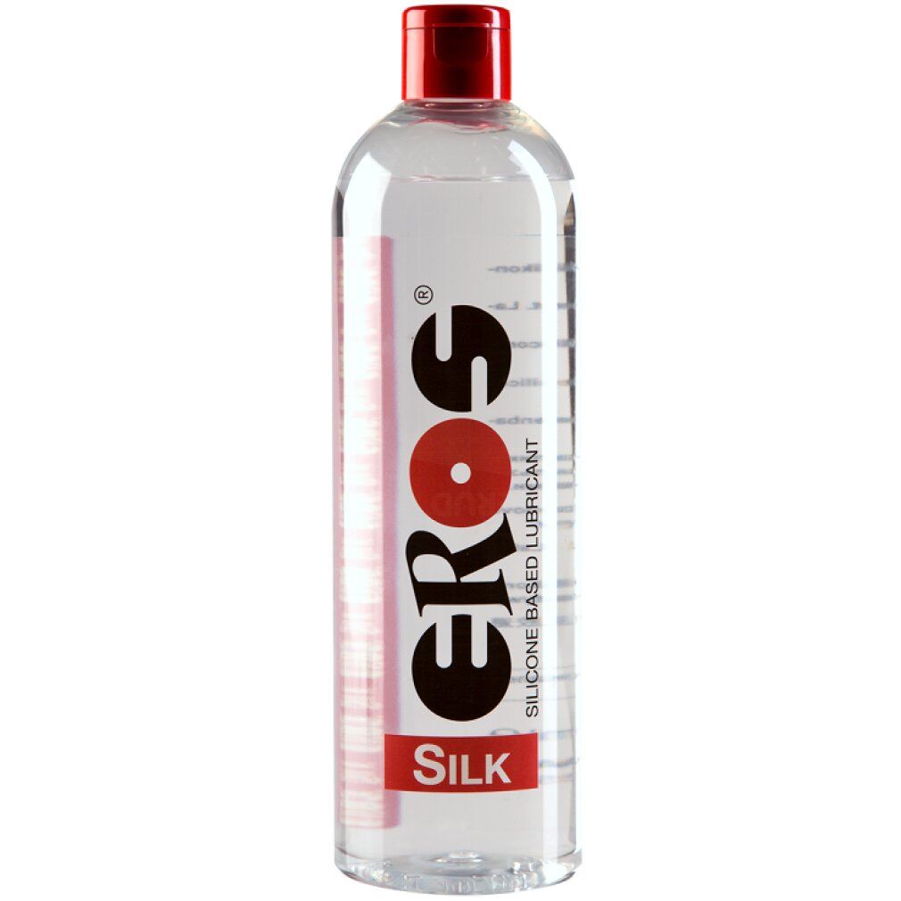 Klare Flasche mit rotem Deckel. Aufdruck: EROS SILK. Silikonbasiertes Gleitmittel.