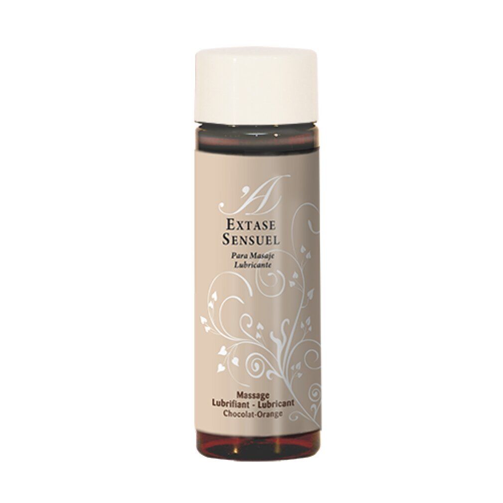 Braune Flasche mit weißem Deckel. Aufschrift: Extase Sensuel, Para Masaje Lubricante, Massage, Chocolat-Orange.
