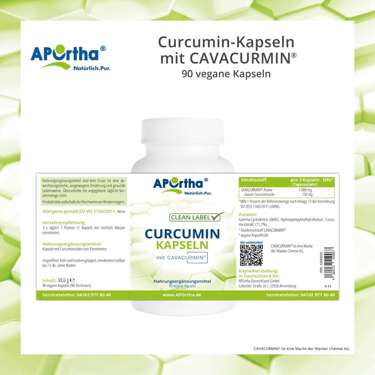APOrtha® Curcumin-Kapseln mit CAVACURMIN® Flasche. Aufdruck: Curcumin-Kapseln, 90 vegane Kapseln. Text: Nahrungsergänzungsmittel. Clean Label. Inhaltsstoffe.
