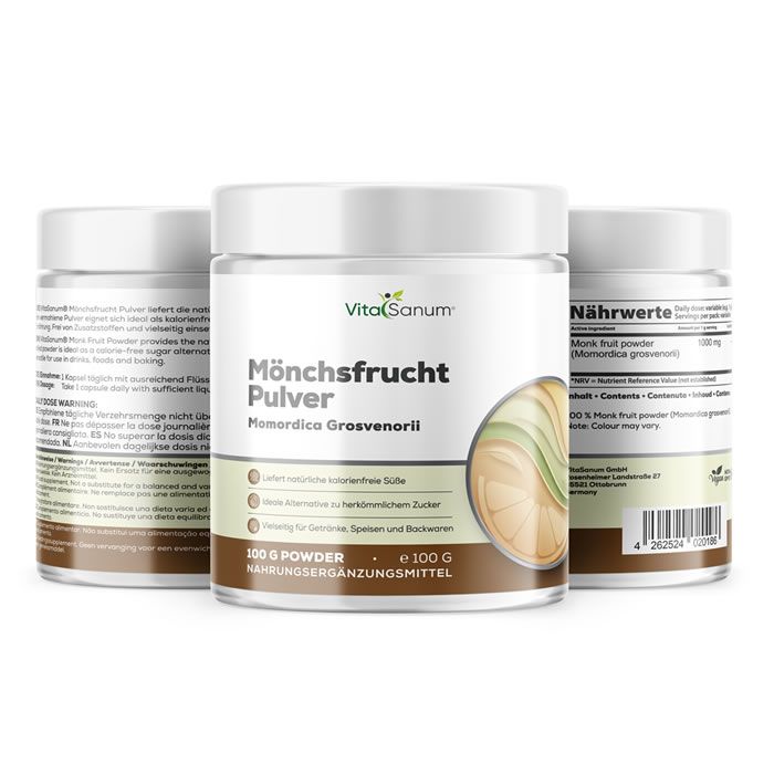 Drei Dosen VitaSanum® Mönchsfrucht Pulver. Weiße Deckel, Etiketten mit Produktinformationen. 100g.
