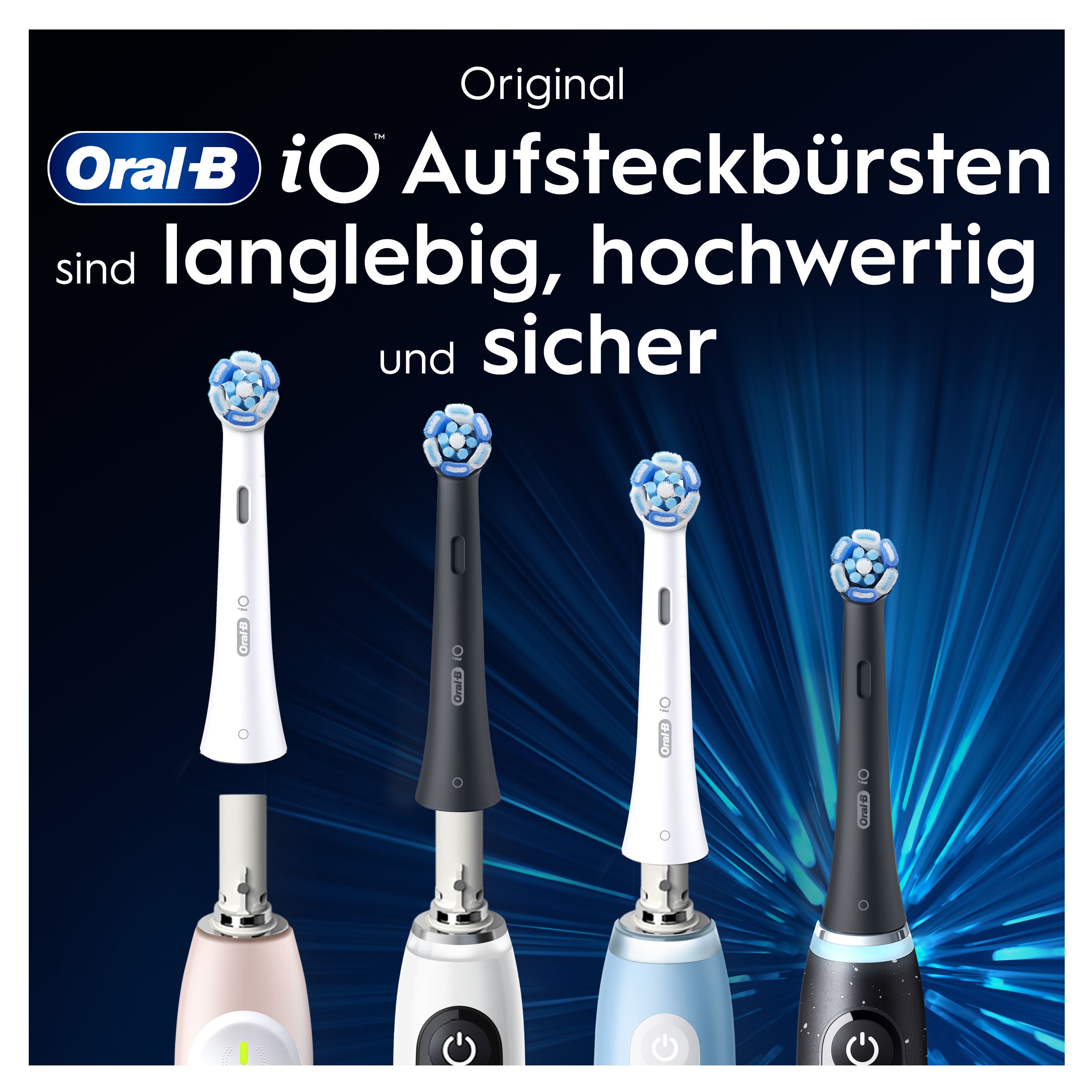 Verschiedene Oral-B iO Aufsteckbürsten. Text: langlebig, hochwertig und sicher.