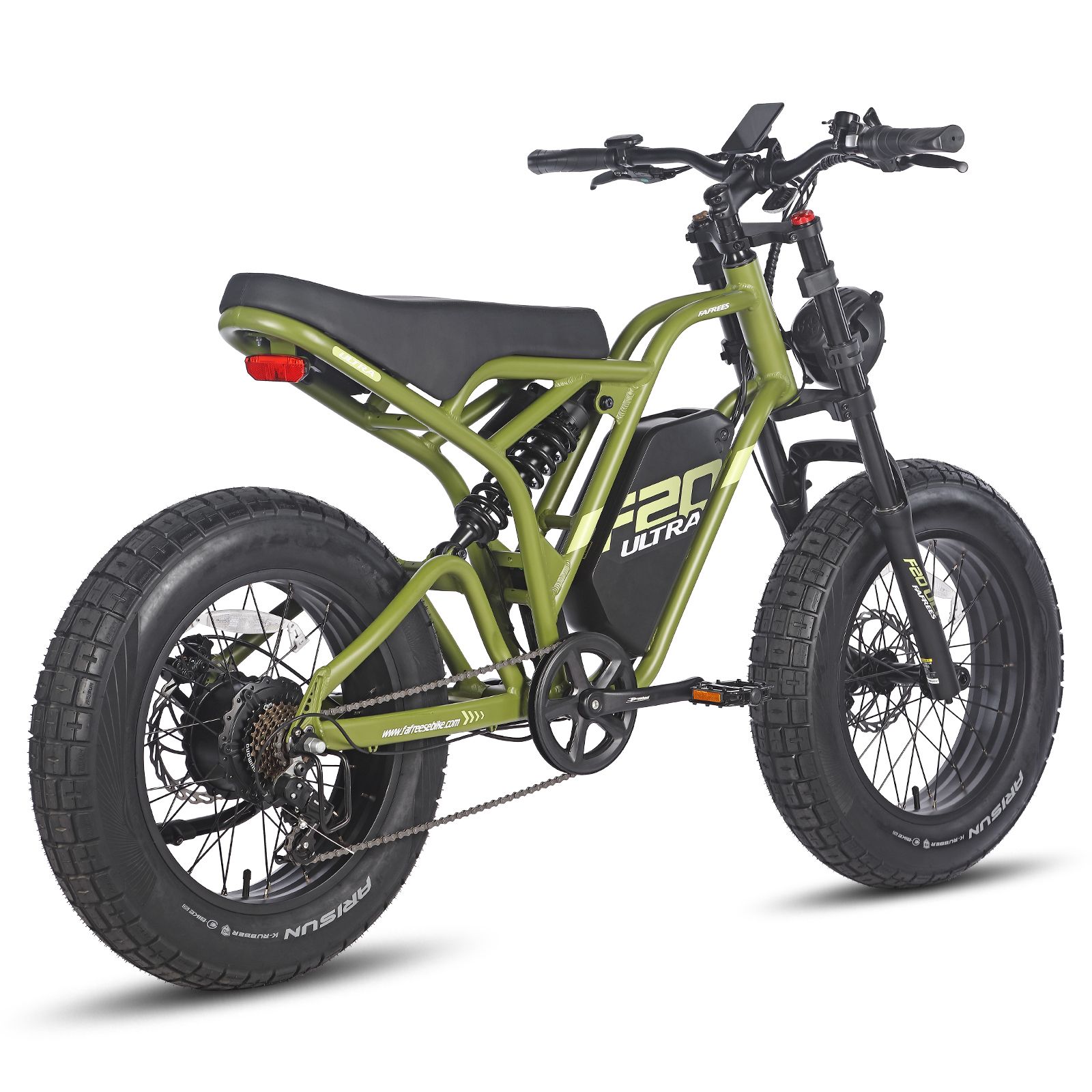 Grünes Elektro-Dirtbike mit schwarzen Reifen und Sattel. Auf dem Rahmen steht "F20 ULTRA".