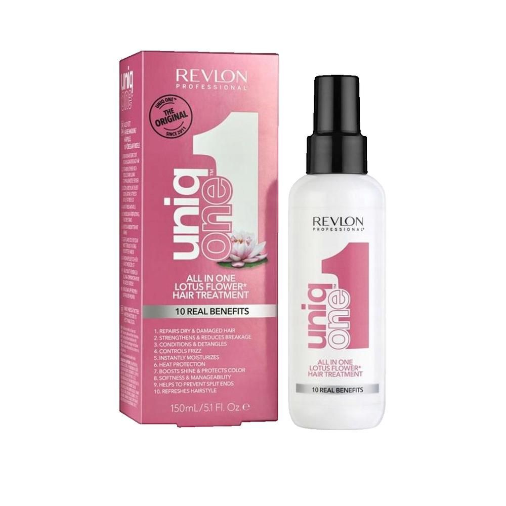 Haar-Treatment und Verpackung. Weißes Treatment, rosa Verpackung. Text: Uniq One, Lotus Flower, 10 Benefits.