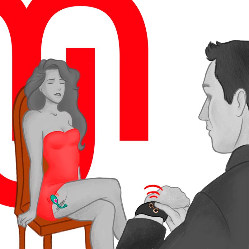 Illustration: Frau sitzt, Mann hält Gerät. Vibrator und Gerät mit Wellensymbolen. GQ-Logo.