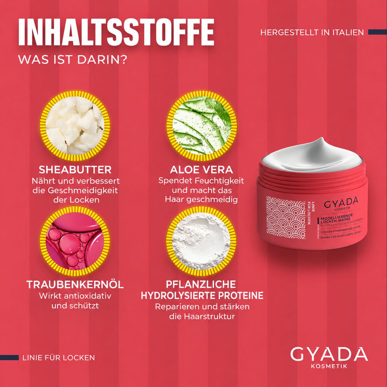 GYADA Kosmetik Locken Maske in einem roten Tiegel mit weißer Creme.