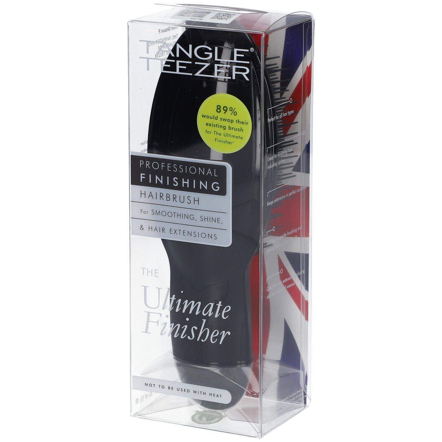 Schwarze Haarbürste in Klarsichtverpackung. Aufschrift: Tangle Teezer, Ultimate Finisher. Mit Union Jack-Design.