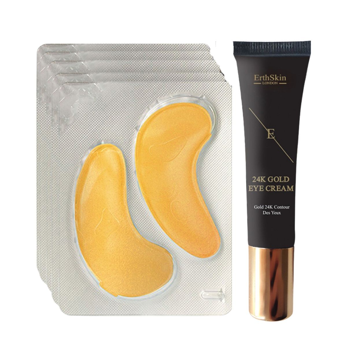Augencreme und Augenpads. Goldene Augenpads in Blisterverpackung. Tube mit goldener Kappe. Schwarze Tube mit goldener Schrift.