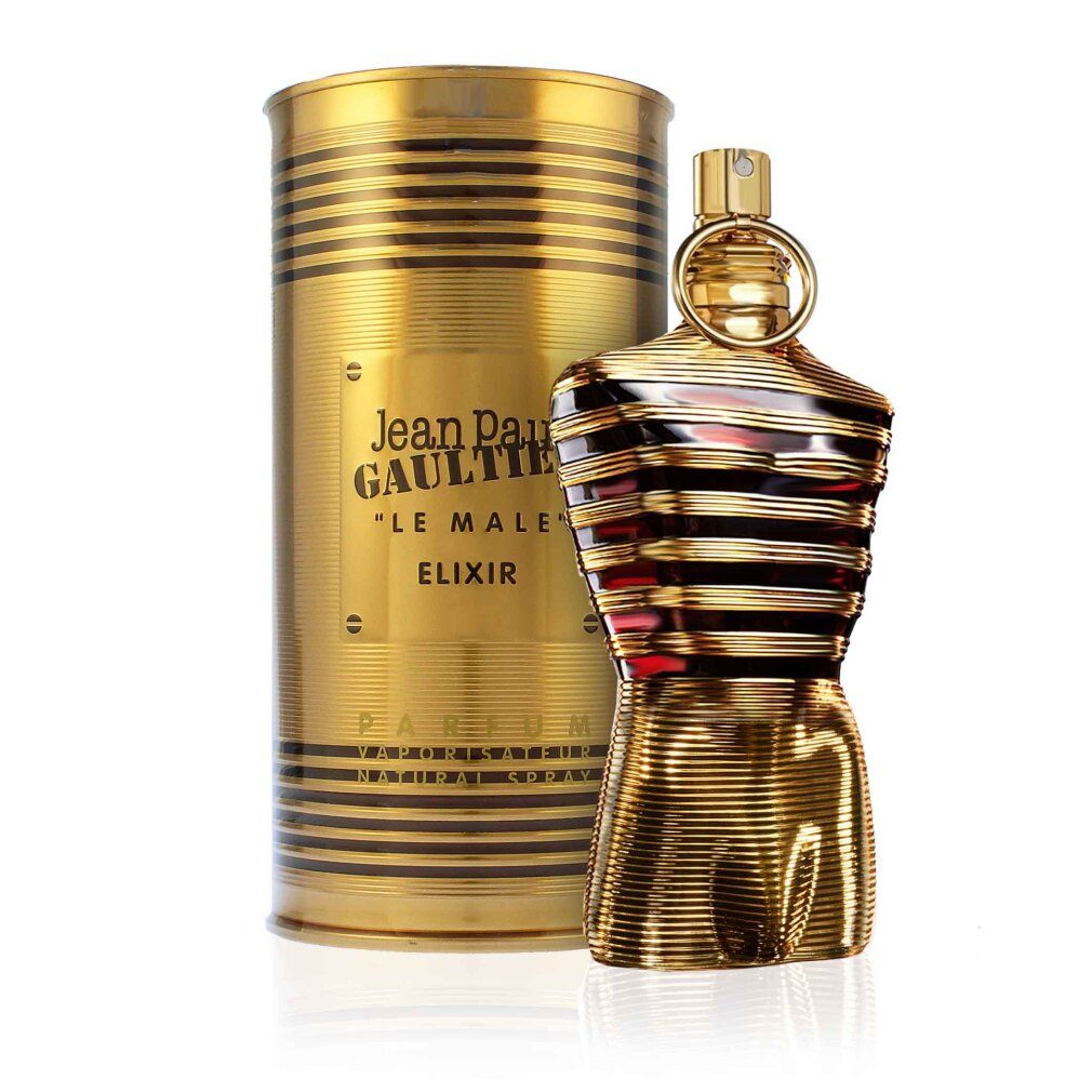 Goldfarbener Flakon in Torsoform neben goldener Dose. Auf der Dose steht "Jean Paul Gaultier LE MALE ELIXIR".