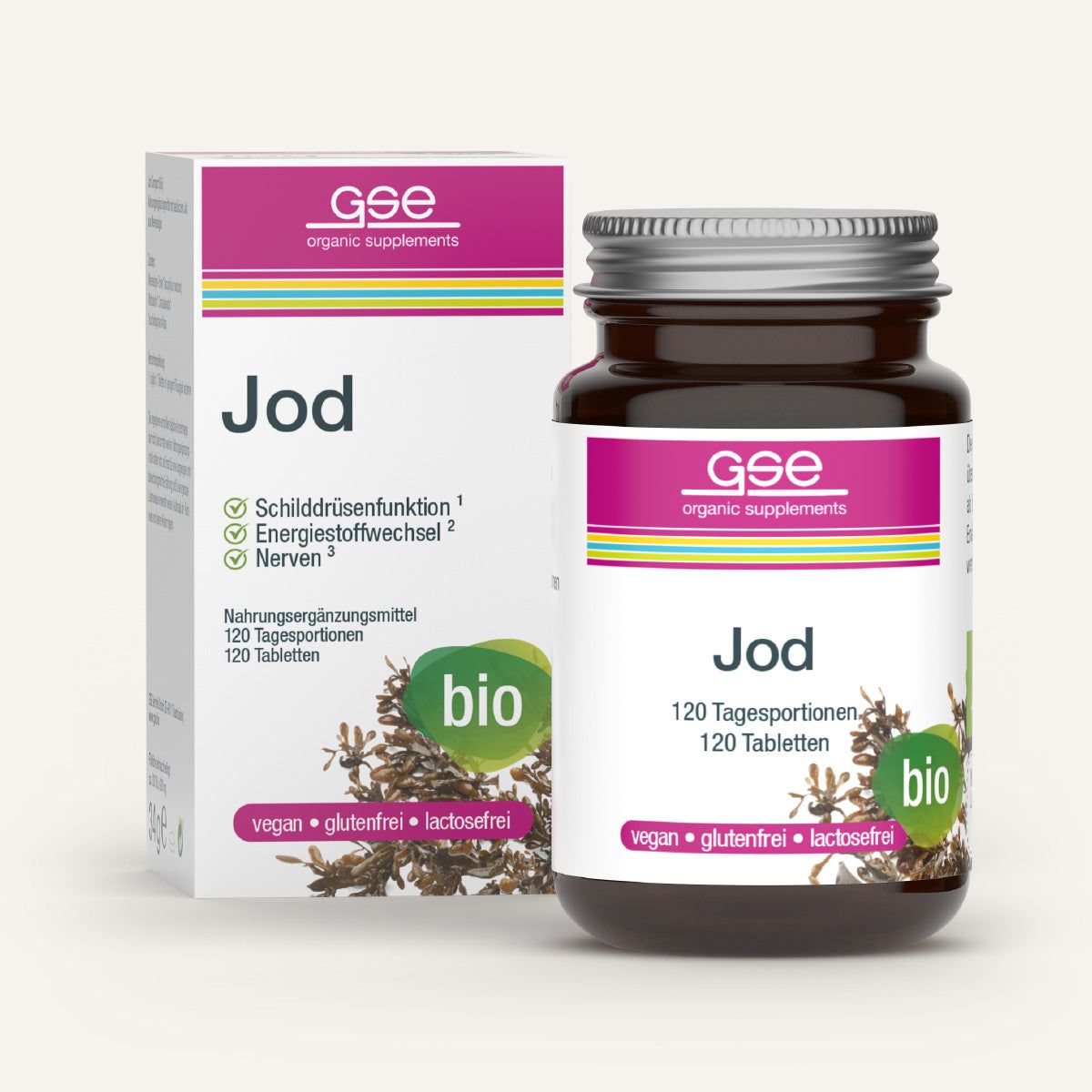 Braune Glasflasche und Karton mit Produktbezeichnung "Jod". Beide mit "bio" und "vegan" Labeln. Text: 120 Tabletten.