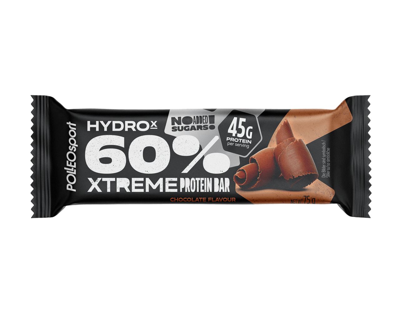 Einzelne Proteinriegel-Verpackung. Aufdruck: HydroX 60% Xtreme Protein Bar, PolleoSport Logo. Schokoladen-Geschmack.