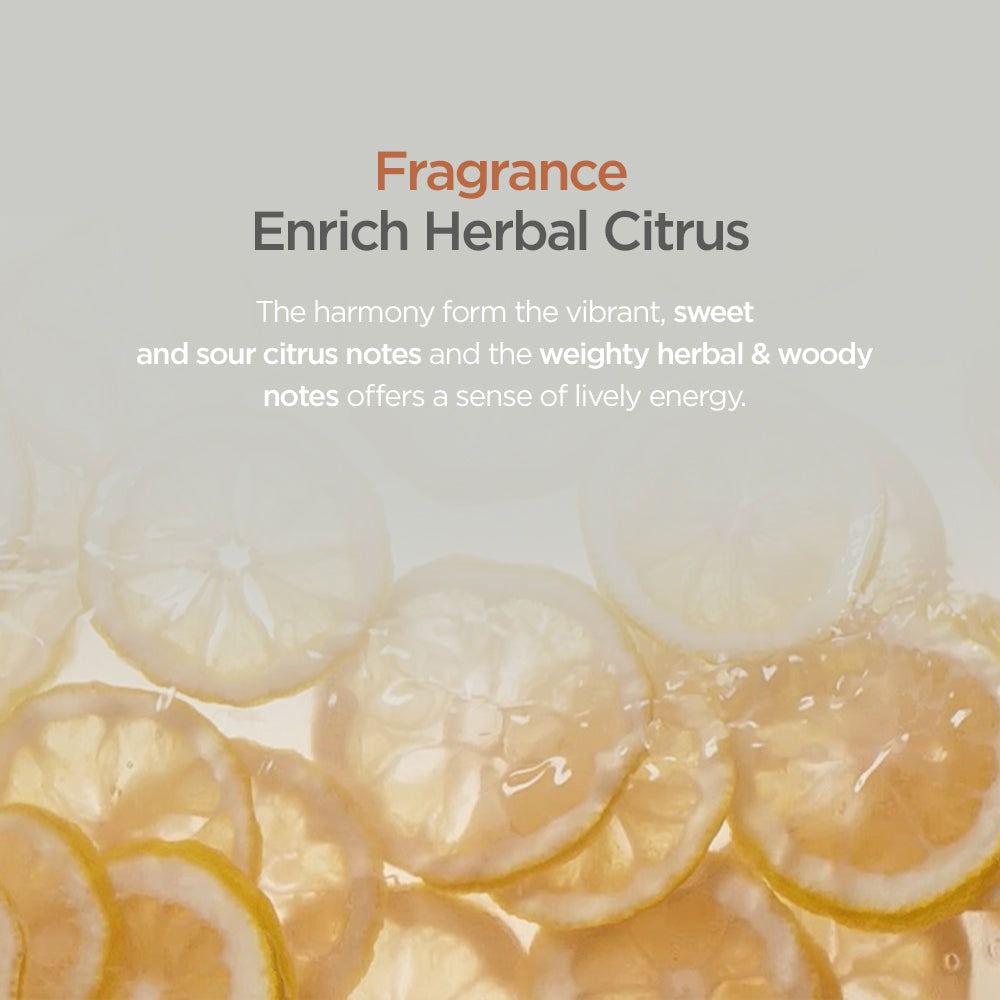 Nahaufnahme von Zitronenscheiben im Wasser. Text: Duft Enrich Herbal Citrus. Beschreibt die Noten von Zitrone und Kräutern.