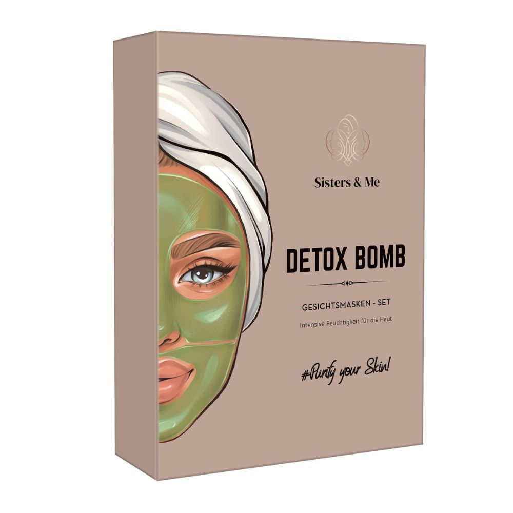 Gesichtsmasken-Set in Kartonverpackung. Aufdruck: "Sisters & Me", "Detox Bomb", Gesicht mit Maske. Beige, braun, weiß.